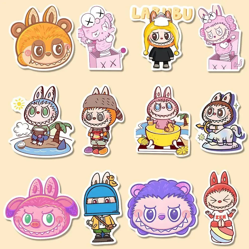 80Pcs 2024 New Labubu Monster Cartoon Waterproof Stickers Pack Cute Water Bottle Laptop Skateboard Scrapbook Anime Accessories