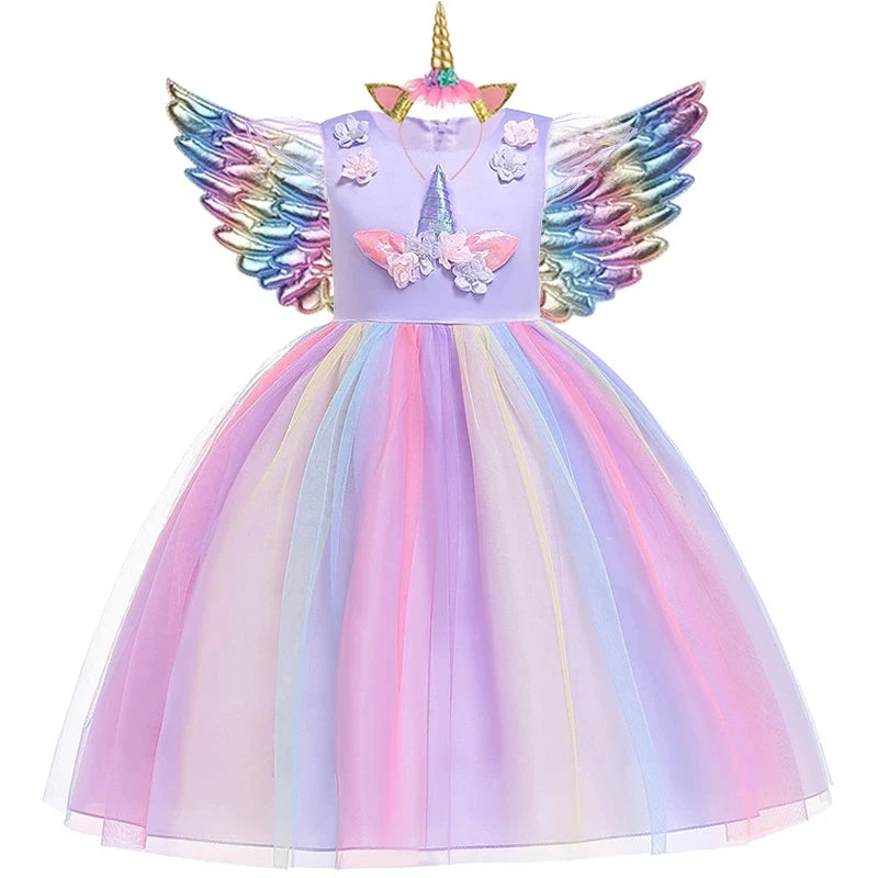 Kids Unicorn Dress for Girls Party Dresses Flower Appliques Ball Gown Little Girl Princess Costumes Summer Children Clothing