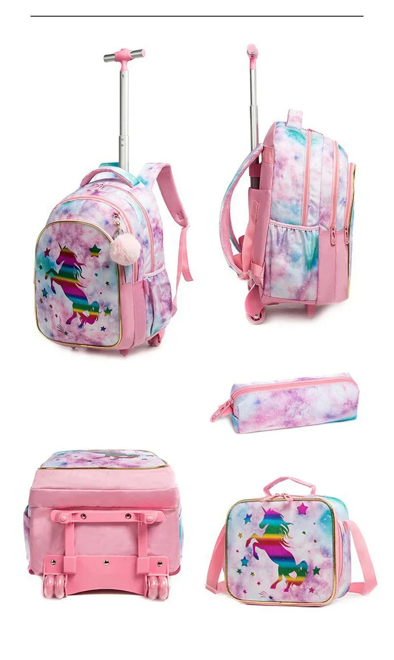 Children's School Backpack with Wheels Kids Wheeled School Bag Teenagers Bag Girls Canvas Backpack Travel Luggage Trolley Bags