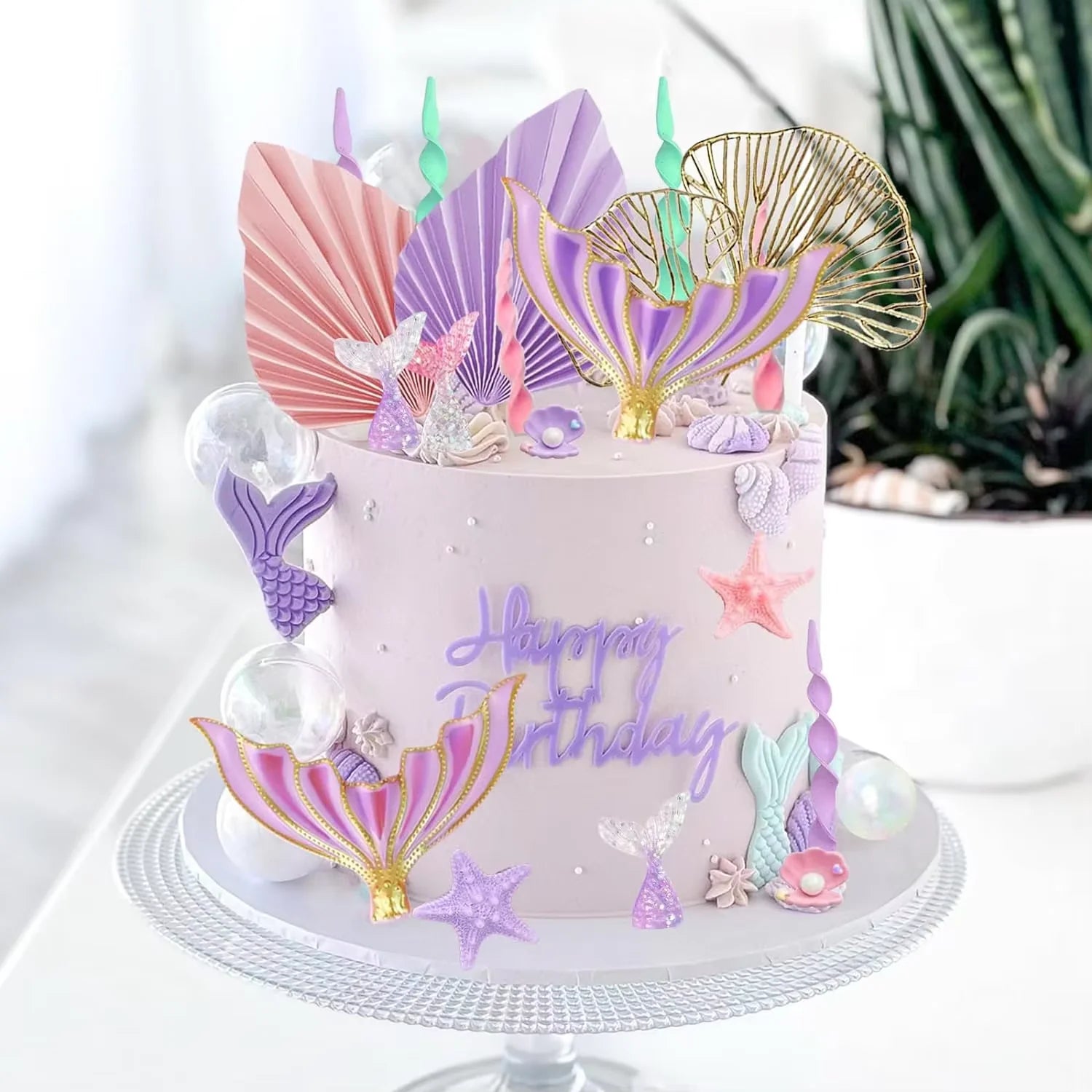 Mermaid Cake Topper Big Mermaid Tails Seaweed Bubbles Shells and Golden Ginkgo Leaves Cake Set for Mermaid Cake Decorations