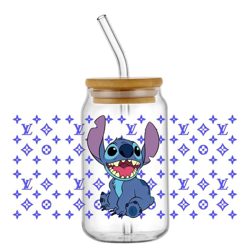 Miniso Stitch 16oz UV DTF Cup Wrap Cartoon Transfers Libbey Wrap Tumbler DIY Logo Sticker Glass Can Selfadhesive Waterproof