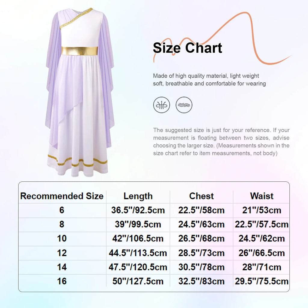 Kids Girls Ancient Greek Princess Toga Goddesses Costume Party Grecian Sleeveless Gown Dress Shawls Patchwork Flowy Tulle Dress
