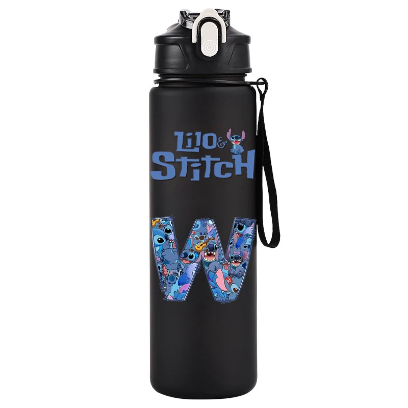 750ml Water Bottle Letter A-Z Printed Lilo Stitch Black Large Capacity Drinking Cup Portable Outdoor Sport Water Cup Kid Gifts