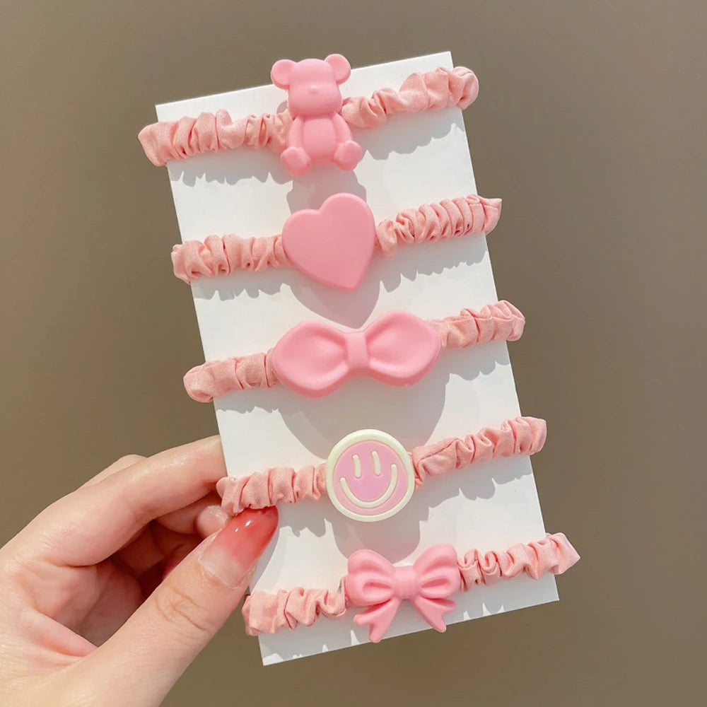 5pcs/Set Cartoon Bear Bowkont Heart Charms Scrunchies Candy Color Satin Hair Ties Ponytail Holder Hair Ropes Kid Girls Headwear