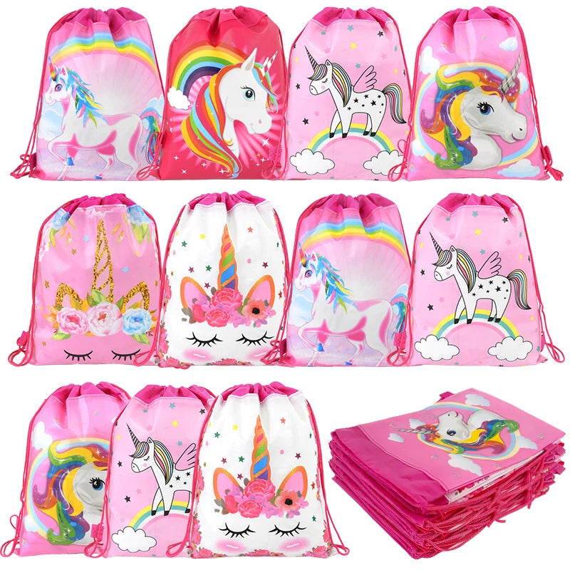 1/6/12Pcs Unicorn Drawstring Bag Kids Girls Unicorn Birthday Party Favors Supplies Candy Gift Packaging School Storage Backpacks