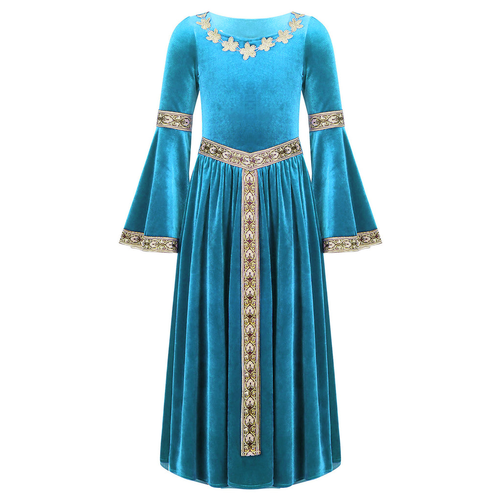 Kids Girls Medieval Renaissance Princess Costume Velvet Long Flare Sleeve Vintage Dress Gown Carnival Party Cosplay Dress Up