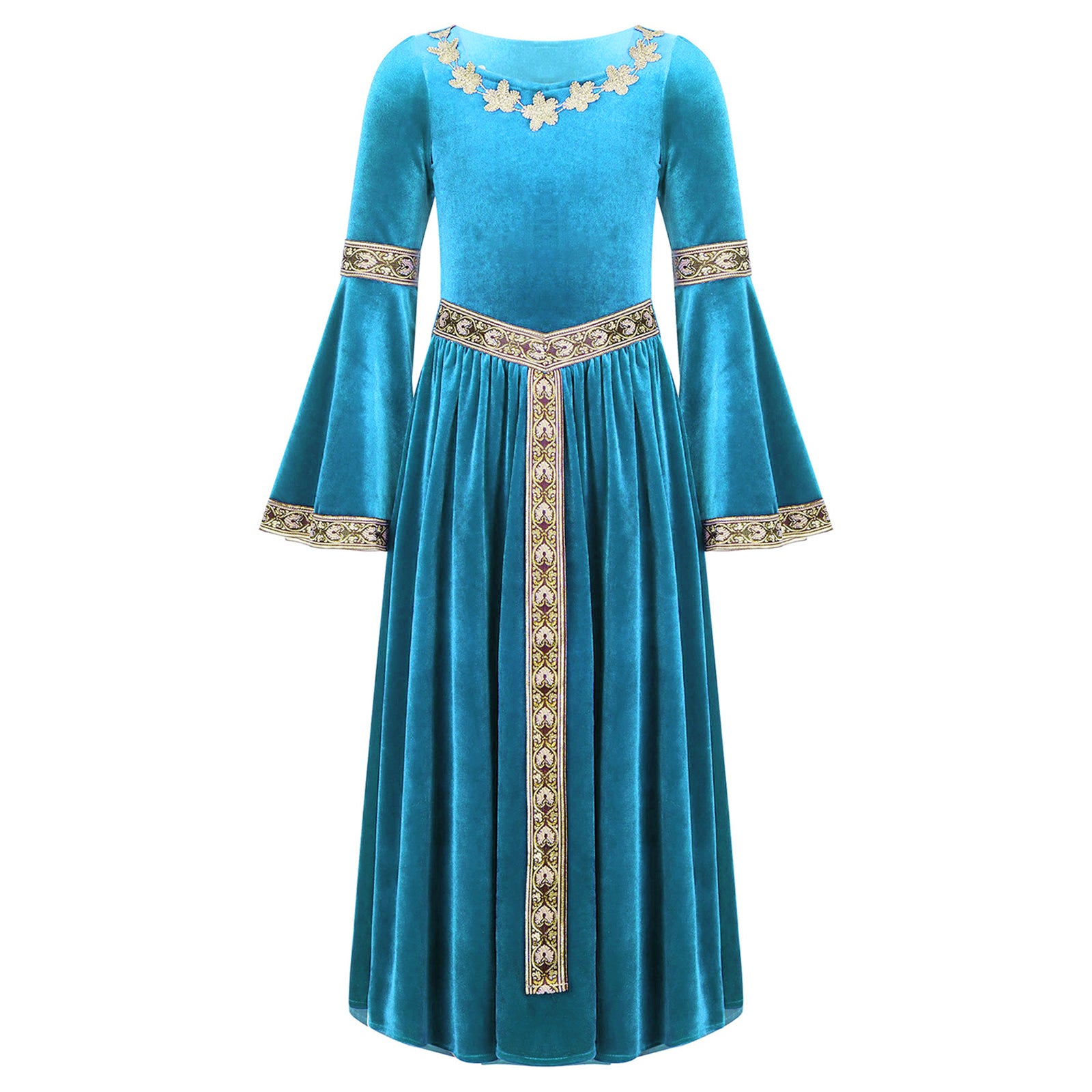 Kids Girls Medieval Renaissance Princess Costume Velvet Long Flare Sleeve Vintage Dress Gown Carnival Party Cosplay Dress Up