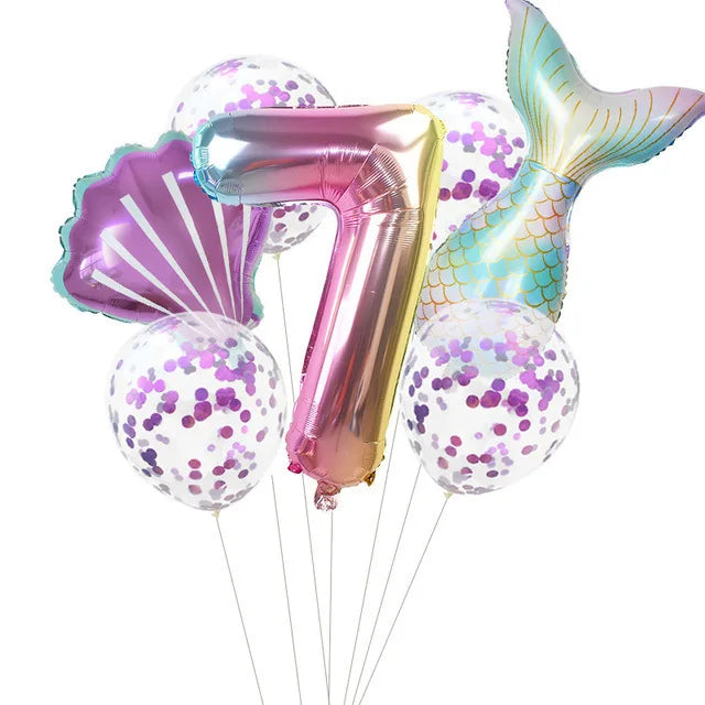 7 Pcs Little Mermaid Shell Balloons 32inch Number Foil Balloon Kids Birthday Party Decoration Supplies Baby Shower Decor Globos