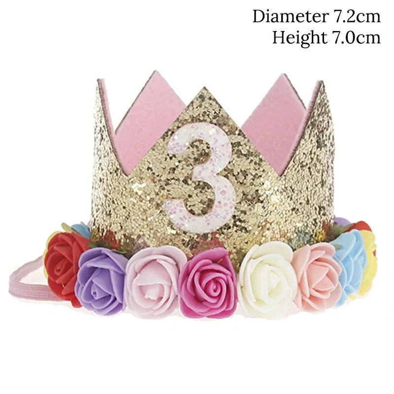 Baby Birthday Decoration Girl 1 2 3 Years Crown Hat Pink White Flower Sequins Crown 1st birthday Photo Prop Happy Birthday Gifts