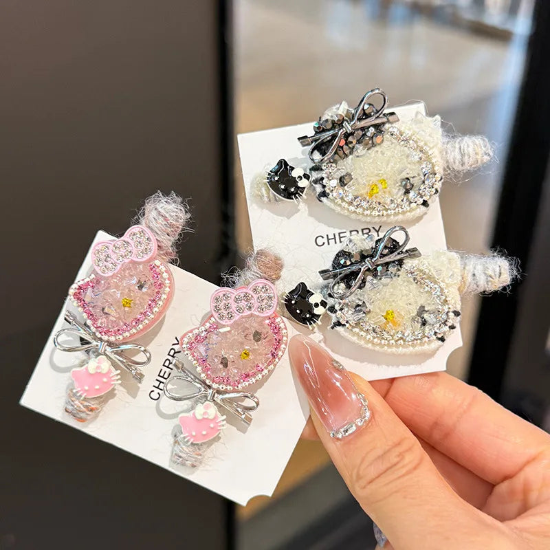 Sanrio Hello Kitty Girls Hair Clip Fashion Cartoon KT Cat Women Rhinestone Bow Hairpin Charm Girls Hair Accessories Gifts