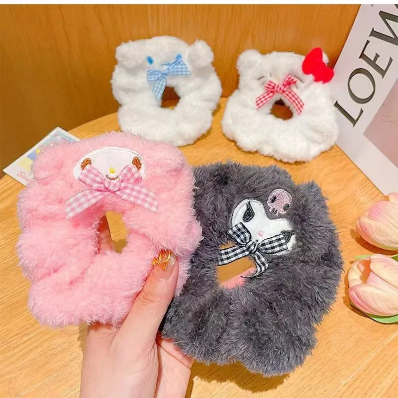 4Pcs Sanrio Hello Kitty Plush Elastic Hair Rope Cute Anime Cartoon Girls Hair Accessories Hair Band Charm Ponytail Holder Gifts