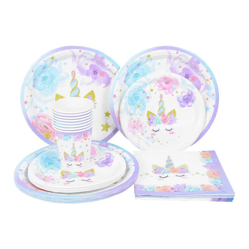 48Pcs/Set Unicorn Theme Birthday Disposable Tableware Set Paper Plates Napkins Cups Birthday Party Decoration Kids Favors Gift