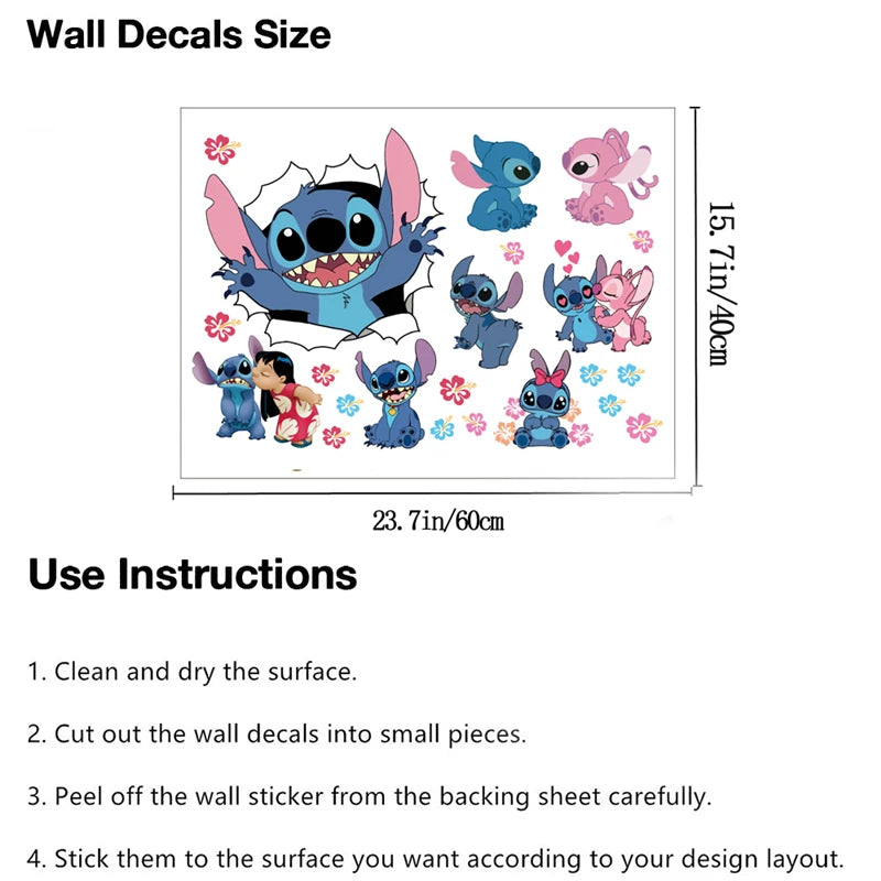 3D Broken Wall Lilo & Stitch Wall Stickers For Kid's Room Kindergarten Living Room Bedroom Wall Decoration Animated Poster