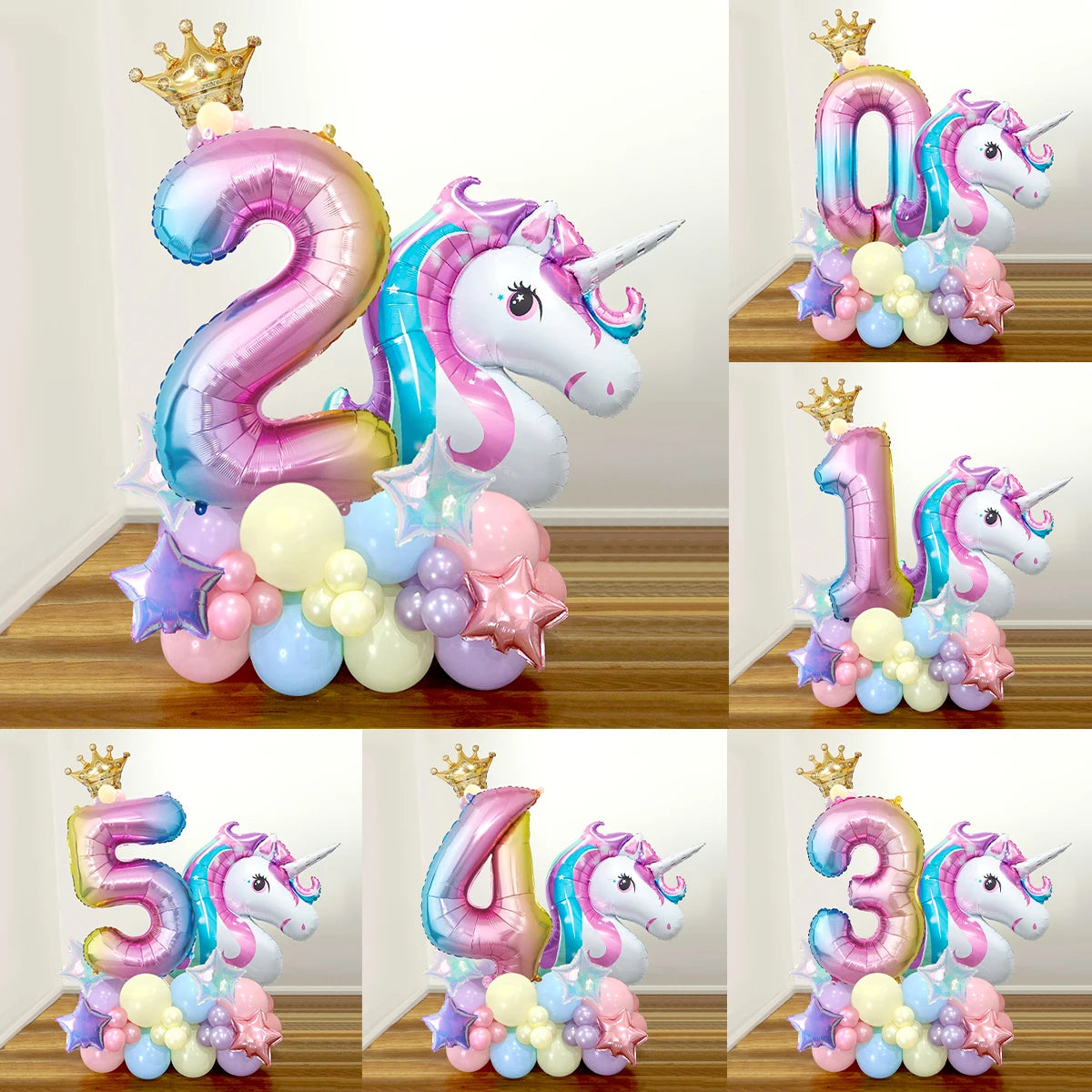 42pcs Unicorn Rainbow Color Numbers 0-9 Mini Crown Aluminum Film Balloon Set Girls Unicorn Theme Birthday Party Decorations