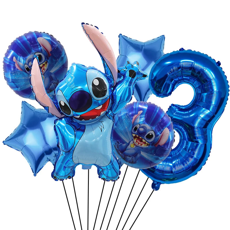 6 Pcs Blue Stitch Foil Balloons Set Digit 1-9 Years Old Balloons Cartoon Stitch Themed Baby Shower Kids Birhday Party Decoraions