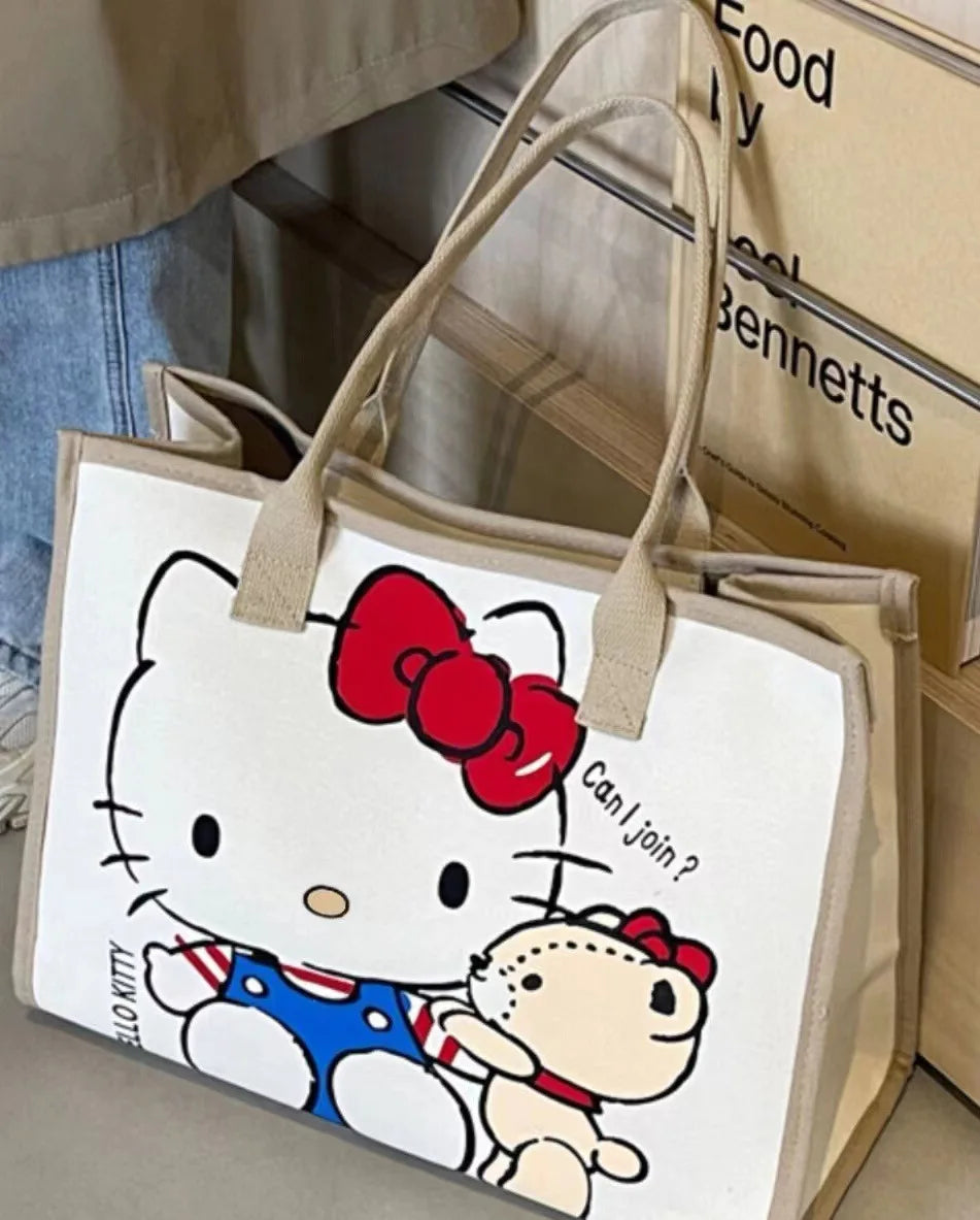 Hello Kitty Canvas Bag Sanrio Tote Bag Shoulder Storage Makeup Pouch Anime Handbag Travel Shopping Bag Kid Schoolbag Girl Gift