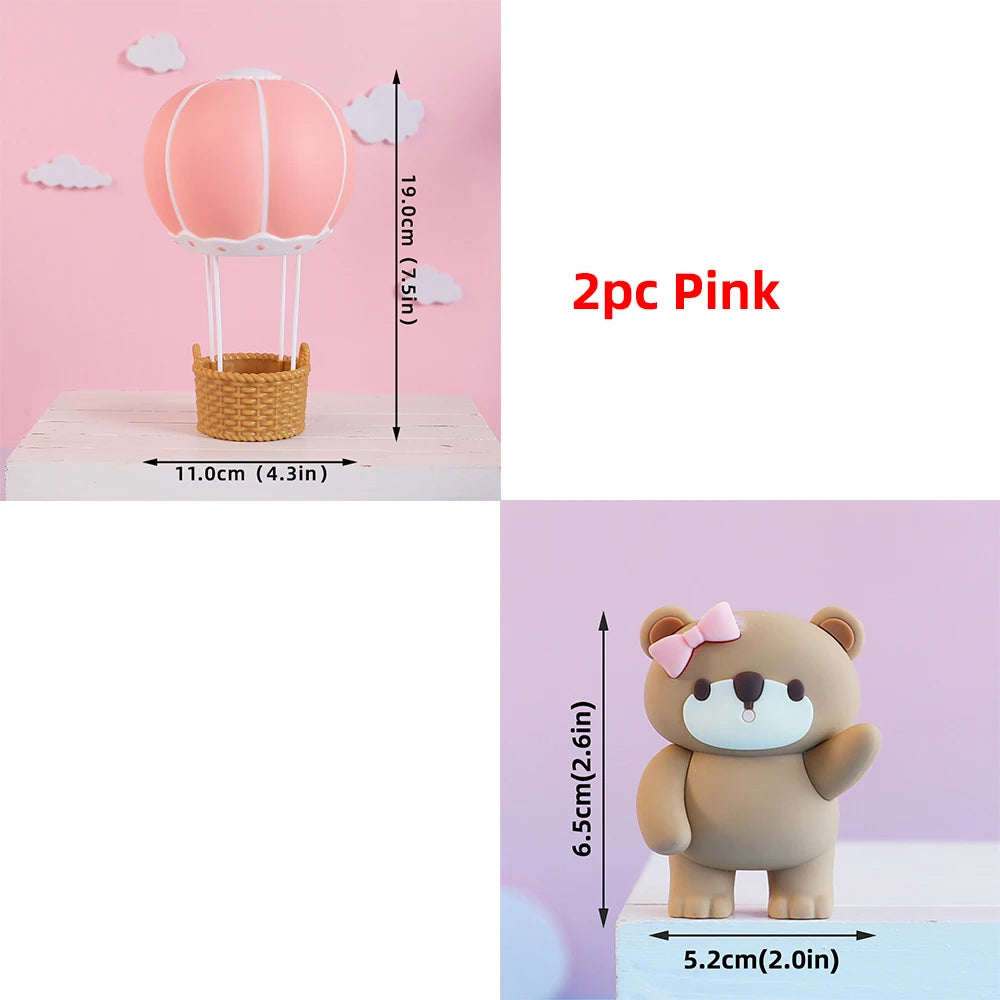 Bear Cake Toppers for Boy or Girl Baby Shower Children's Birthday Party Decoration Hot Air Balloon Cake Topper Pink Blue Green
