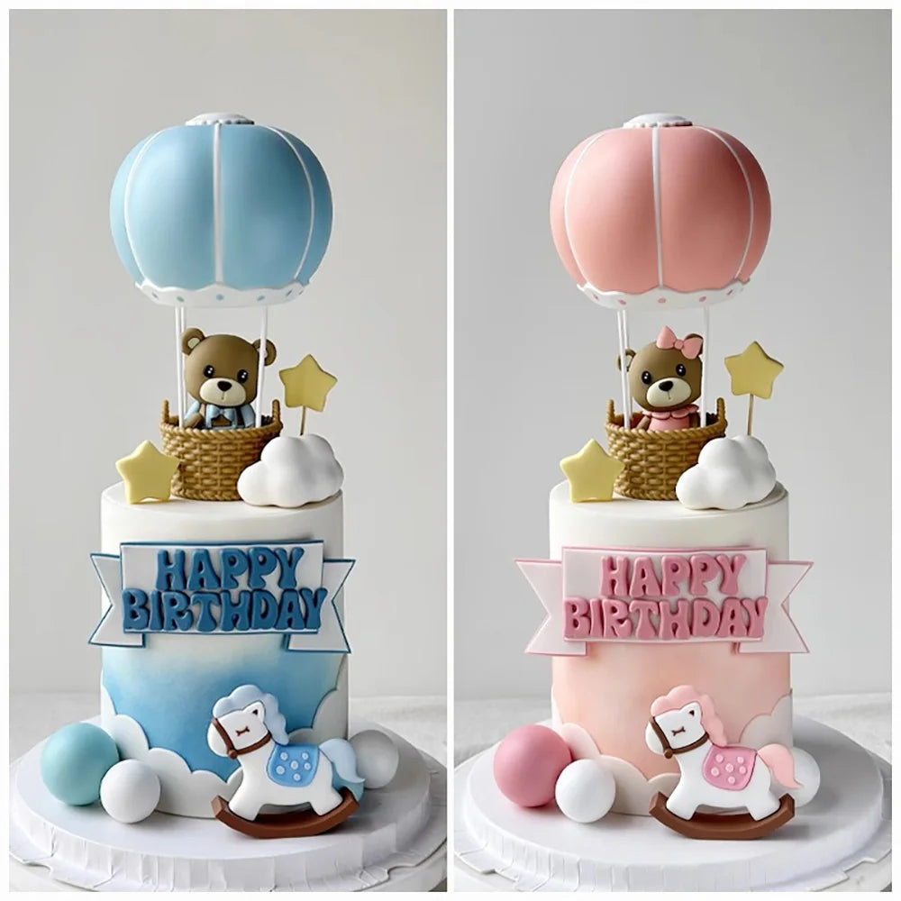 Bear Cake Toppers for Boy or Girl Baby Shower Children's Birthday Party Decoration Hot Air Balloon Cake Topper Pink Blue Green