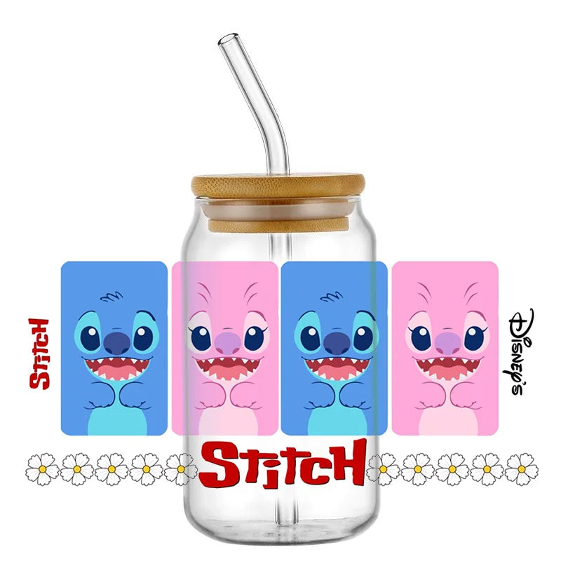 Miniso Stitch 16oz UV DTF Cup Wrap Cartoon Transfers Libbey Wrap Tumbler DIY Logo Sticker Glass Can Selfadhesive Waterproof