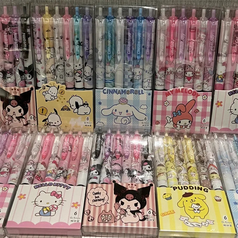 Sanrio 6pcs Series Gel Pen 0.55mm Refill Hello Kitty Y2k Cinnamoroll Kuromi MelodyCartoon Press Pen Black Stationery Supplies