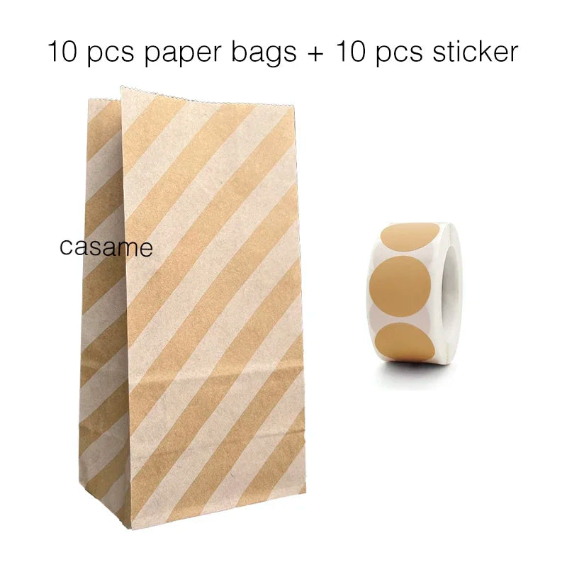 10 pcs Colorful Solid Stripe and Polka Dot Stand-Up Bags with Stickers - 18x9x6cm Favor Gift Packing Treat Bags for Wedding