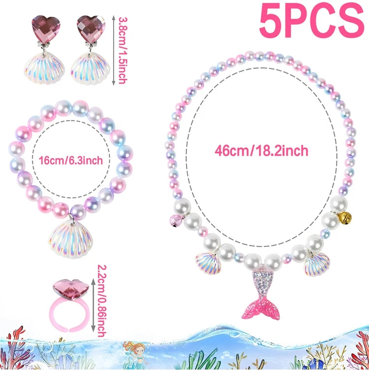 5Pcs/set Girl Princess Mermaid Shell Charm Necklace Bracelet Jewelry Set for Daughter Niece Children Favor Birthday Party Favor