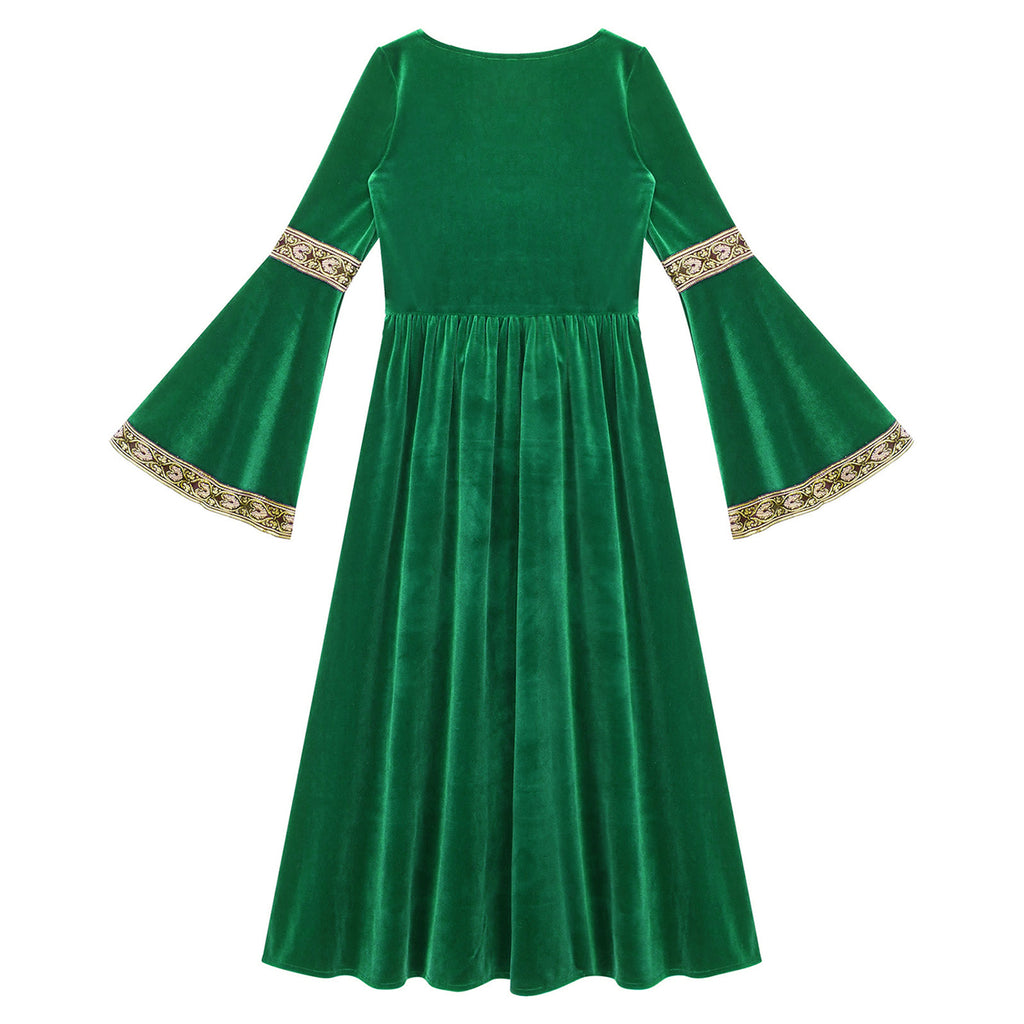 Kids Girls Medieval Renaissance Princess Costume Velvet Long Flare Sleeve Vintage Dress Gown Carnival Party Cosplay Dress Up