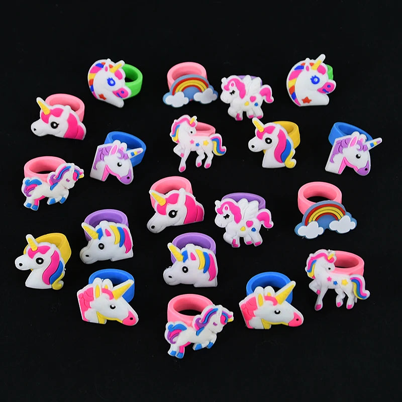 6/10pcs Cartoon Unicorn Butterfly Ring Girls Jewelry Silicone Ring Toys For Kids Unicorn Birthday Party Decor Gifts Filler Prize