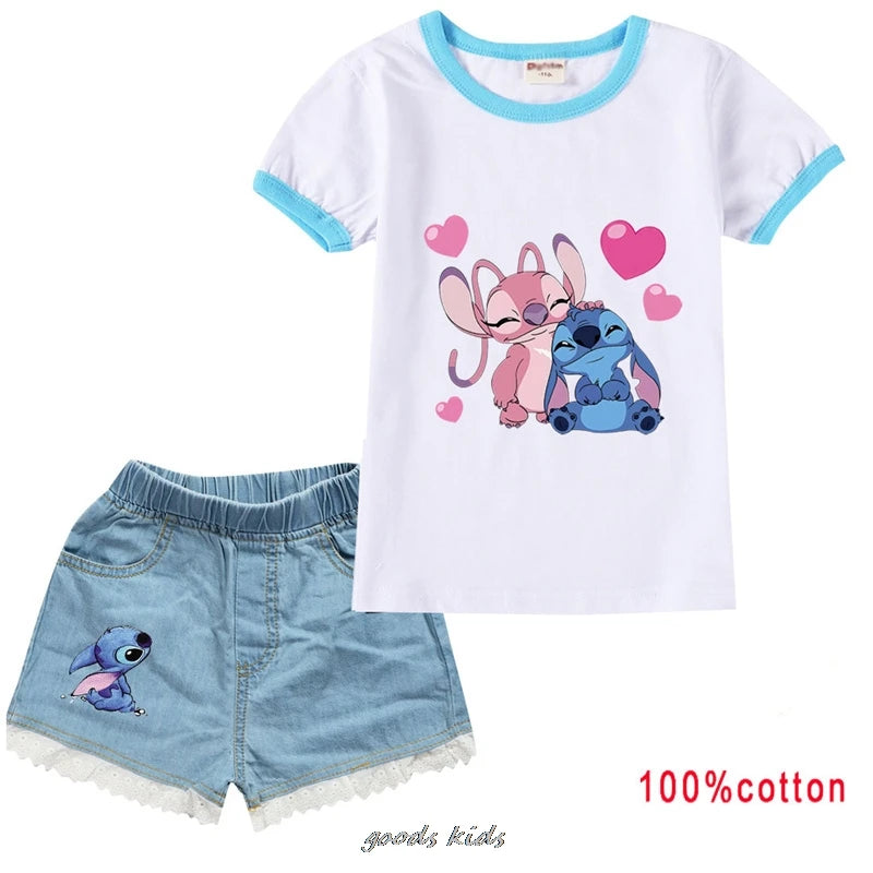 Lilo And Stitch Summer Kids Clothes Toddler Girls Casual Outfits Girl Costume Boys Tshirts+Denim Shorts Suits