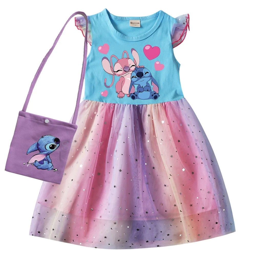Hot Lilo And Stitch Girls Children Spring Summer Tutu Stitch Dress +Bag Kids Princess Girls Birthday Party Dress Costume