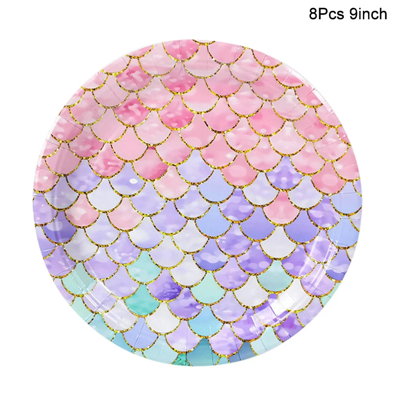 Mermaid Disposable Tableware Set Little Mermaid Paper Plates Cup Tablecloth Kids Girl Mermaid Birthday Party Decoration Supplies