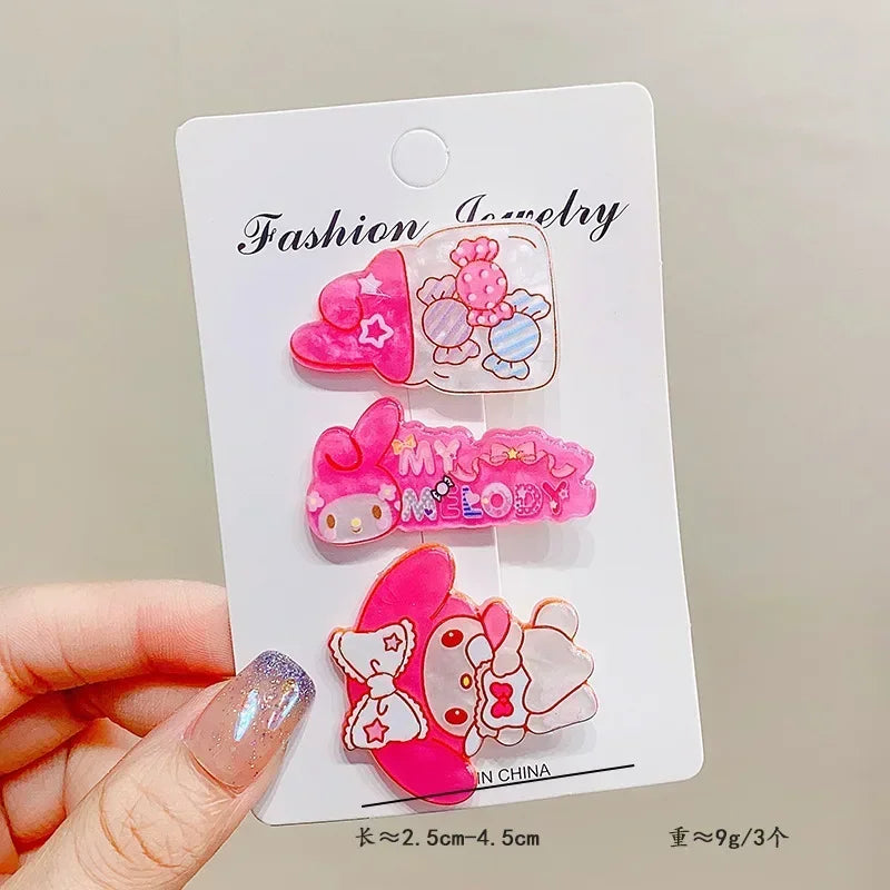 3pcs Sanrio Hello Kitty HairClips Kawaii Cartoon Cinnamoroll Kuromi Kid Barrettes Hair Accessories Cute Charm Girls Holiday Gift