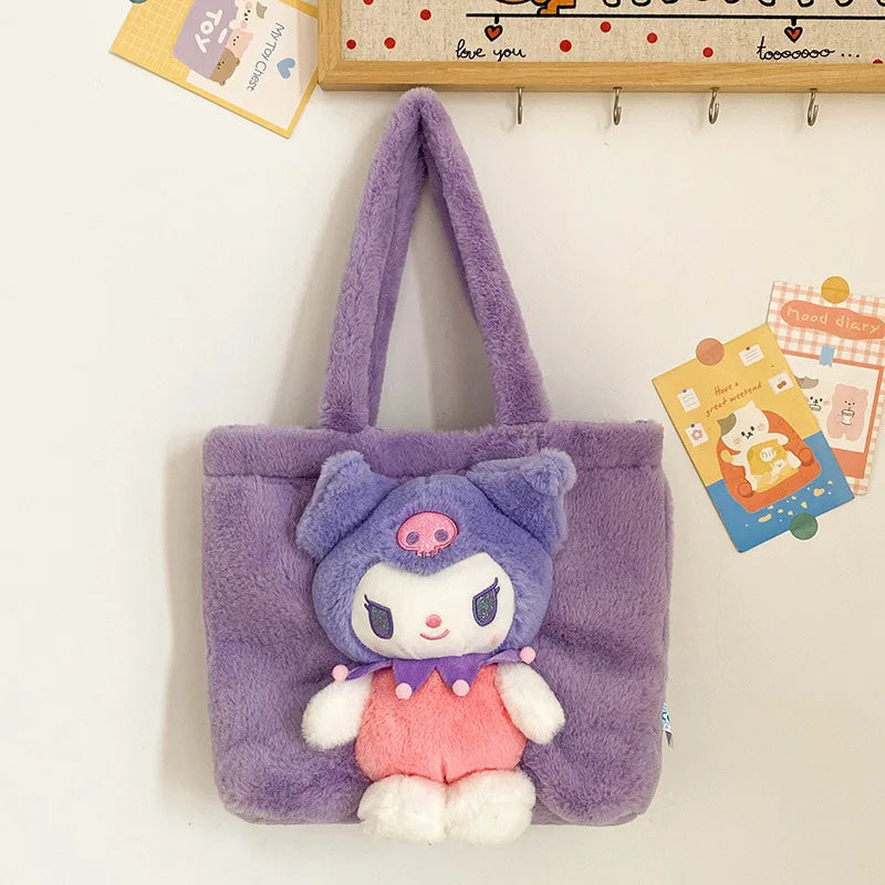 MINISO 2024 New Cartoon Plush Doll Shoulder Bag Sweet and Cute Stitch Strawberry Bear Soft Cute Girls Handbag