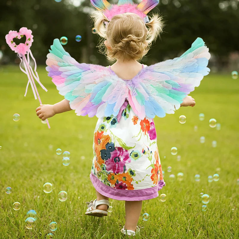 LED Colour Angel Feather Wings Girls Unicorn Halo Headband Fairy Stick Luminous Prop Cosplay Party Costume Glowing Accessories