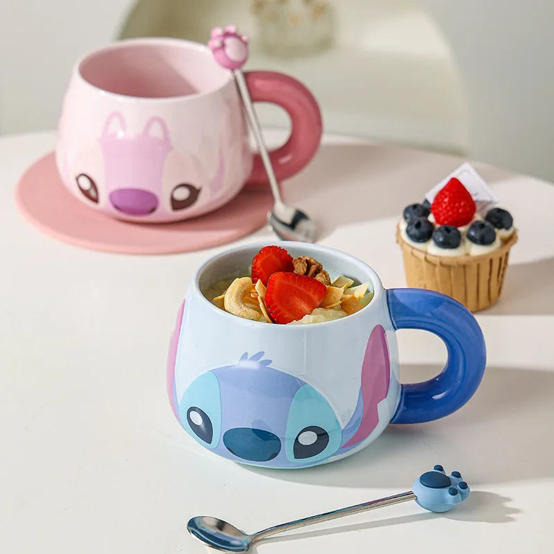 Kawaii Stitch Angel Mug Gift Box Cartoon Spoon Ceramic Cup Coffee Cup Large Capacity 500Ml Handle Water Cup Birthday Gift
