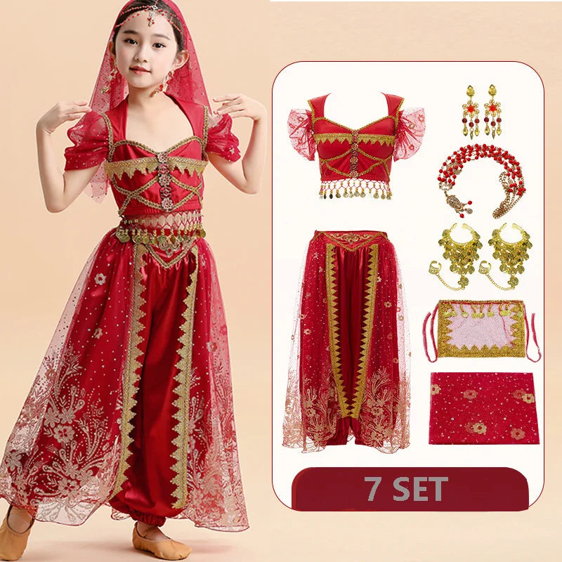  Kids India Princess Belly Dance Set Oriental Indian Dance Sari Girl Performance Costume Bollywood Children Stage Outfit