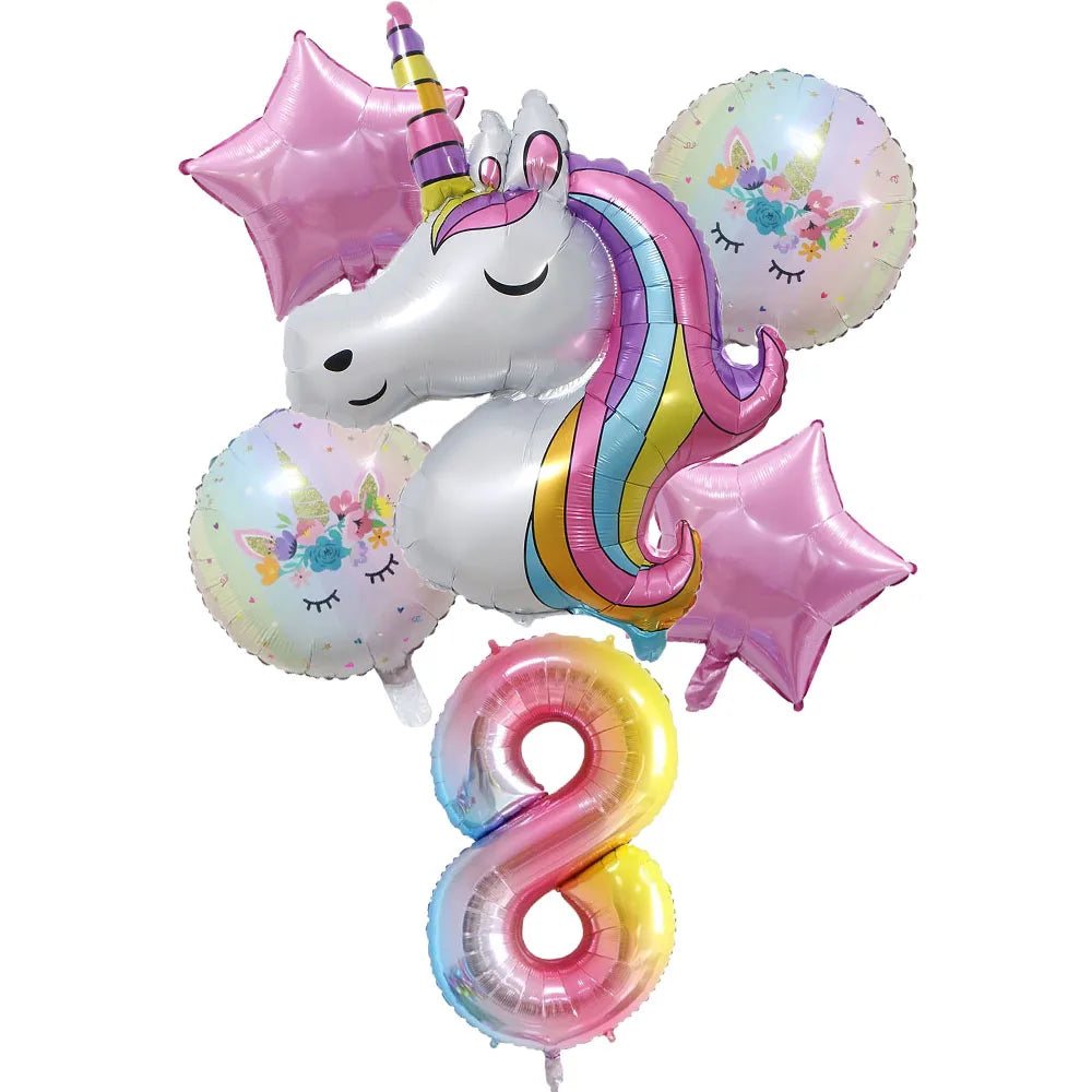 6pcs Rainbow Unicorn Balloon 32 Inch Number Foil Balloons 1st Kids Unicorn Theme Birthday Party Decorations Baby Shower Globos