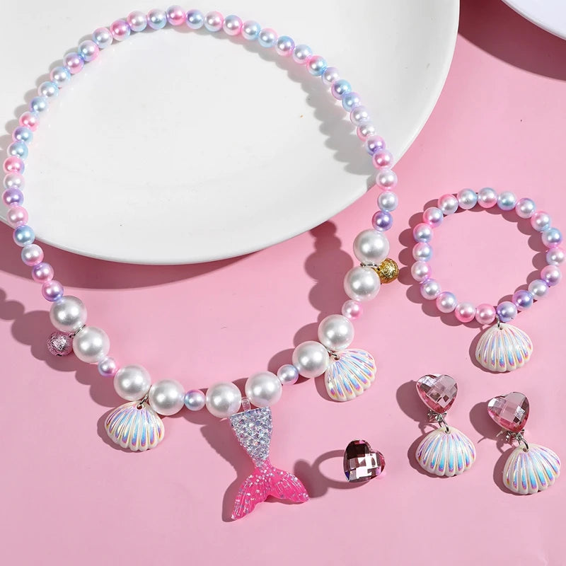 5Pcs/set Girl Princess Mermaid Shell Charm Necklace Bracelet Jewelry Set for Daughter Niece Children Favor Birthday Party Favor