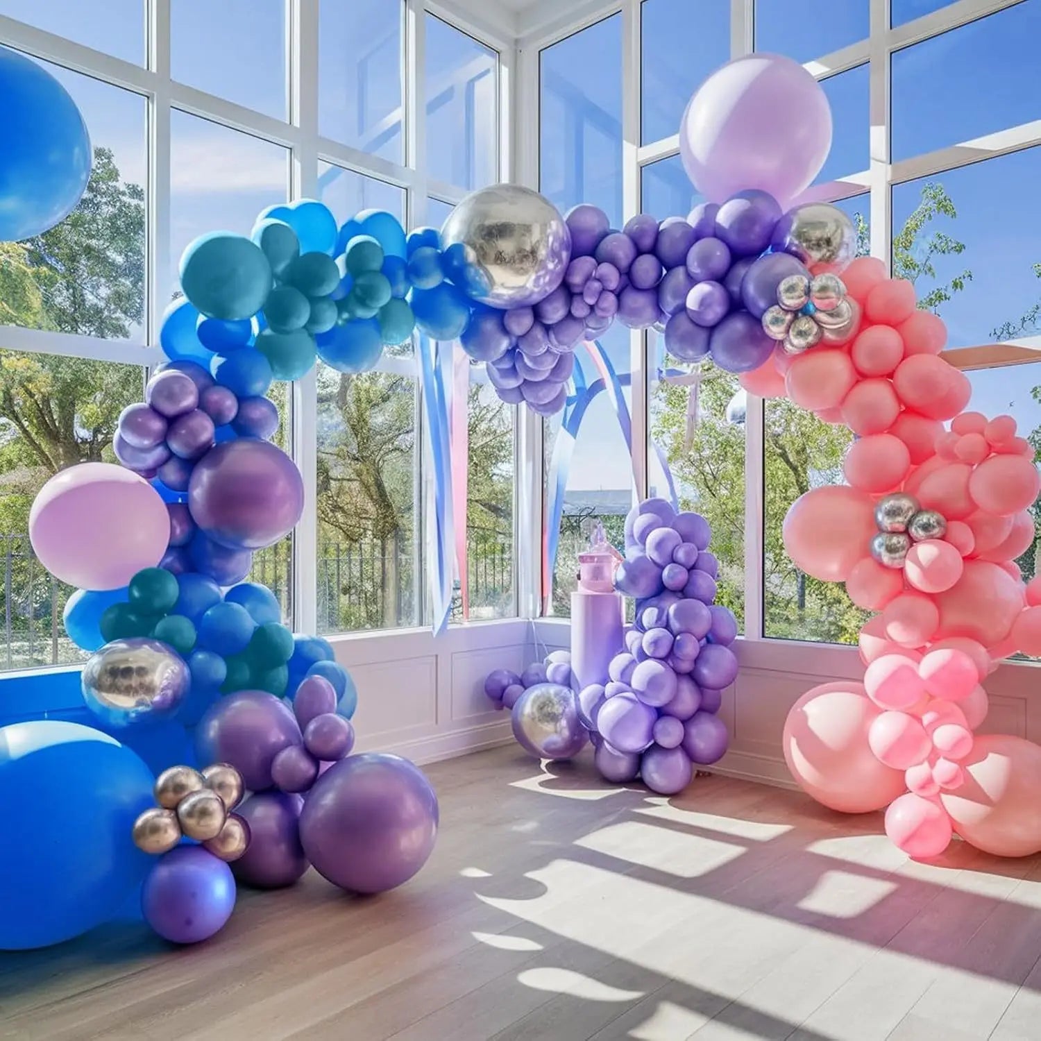 115pcs Purple Pink Blue Metallic Silver Balloon Arch Garland Kit for Birthday Decorations, Party Indoor and Outdoor Decorations