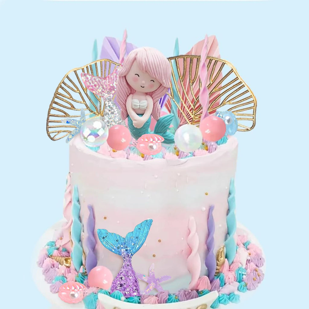 Mermaid Cake Topper Under The Sea Cake Toppers set with Little Mermaid Seaweed Bubble Golden Leaves for Mermaid Birthday