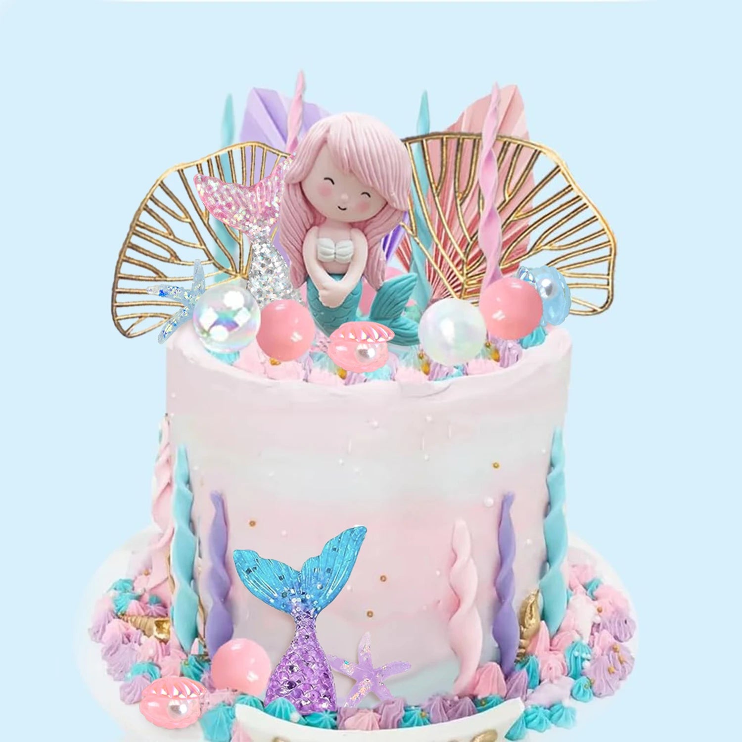 Mermaid Cake Topper Under The Sea Cake Toppers set with Little Mermaid Seaweed Bubble Golden Leaves for Mermaid Birthday