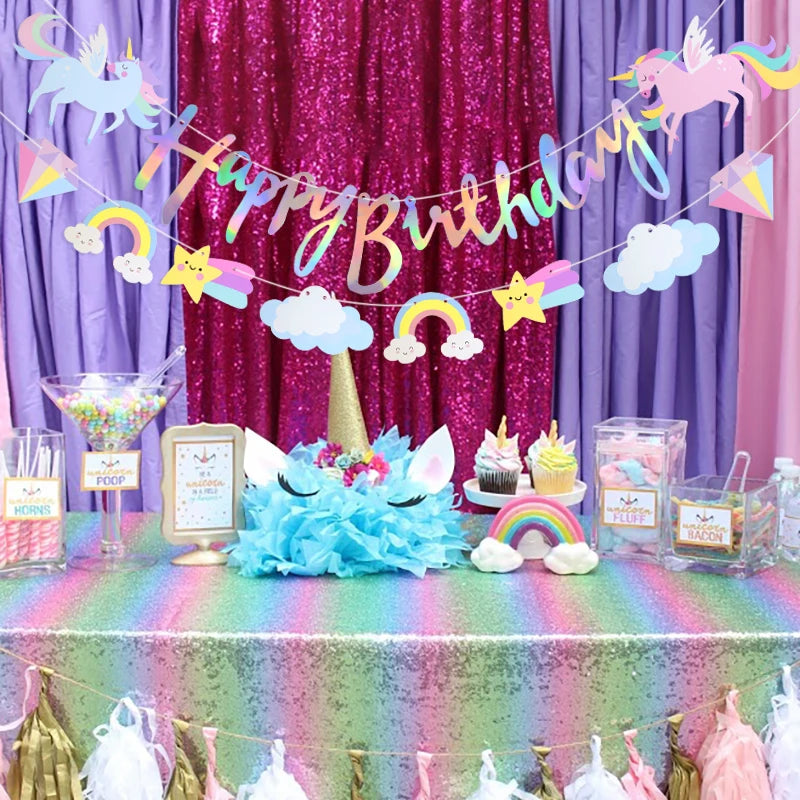 3M Girls Unicorn Birthday Banner Bunting Cute Cloud Star Happy Birthday Banner Paper Garland For Baby Shower Party Hanging Decor