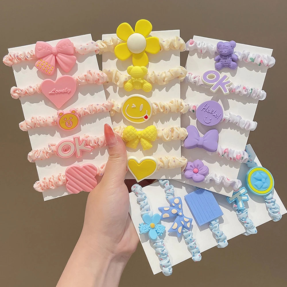 5pcs/Set Cartoon Bear Bowkont Heart Charms Scrunchies Candy Color Satin Hair Ties Ponytail Holder Hair Ropes Kid Girls Headwear