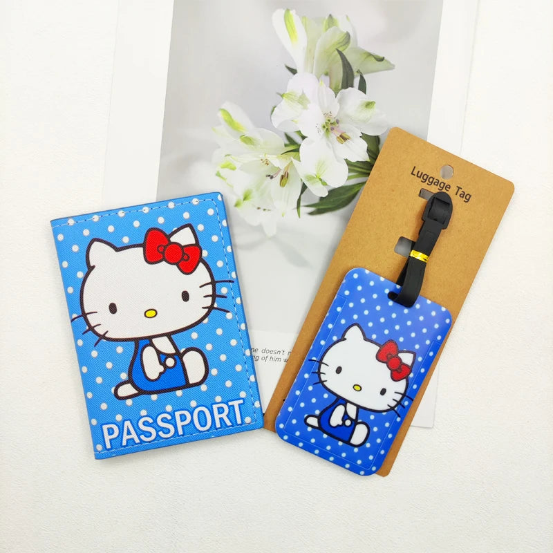 1Set Hello Kitty Passport Cover and Luggage Tags Travel Passport Holder Baggage Tag Girls Business ID Card Holder Luggage Label