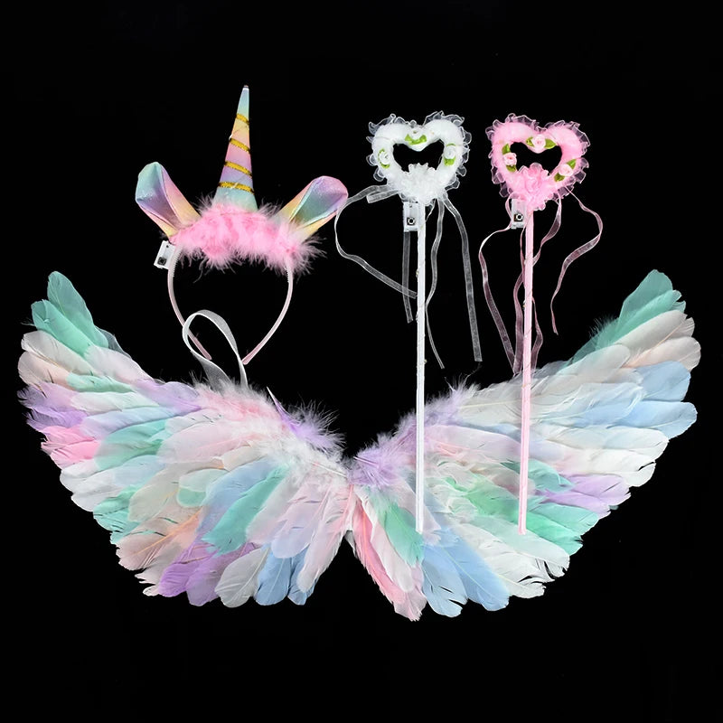 LED Colour Angel Feather Wings Girls Unicorn Halo Headband Fairy Stick Luminous Prop Cosplay Party Costume Glowing Accessories