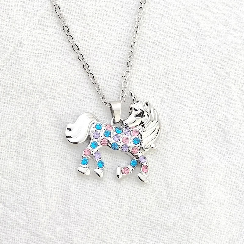 Cute Rainbow Horse Necklace Colorful Crystal Unicorn Pendant Necklaces For Women Girls Boys Christmas Gifts