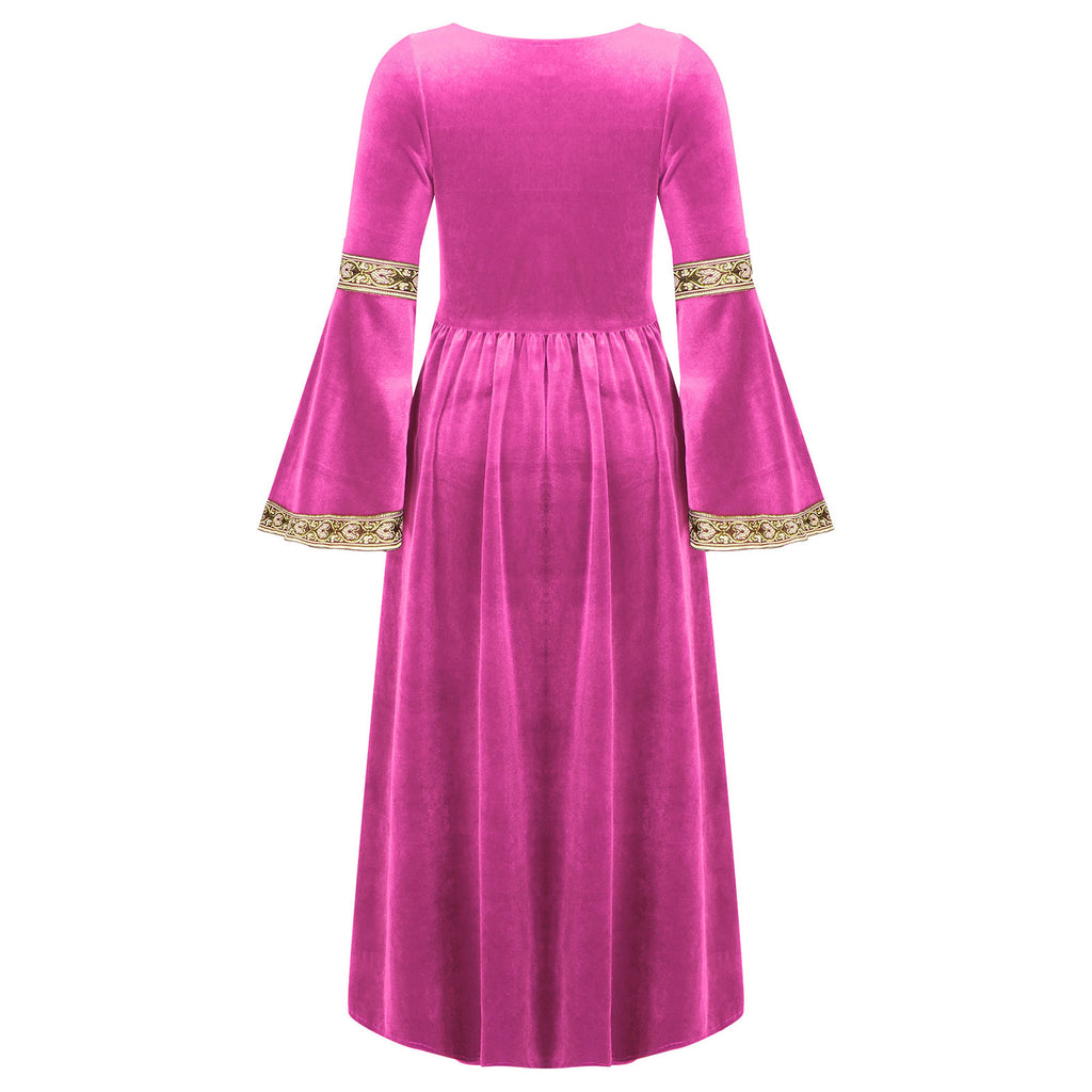 Kids Girls Medieval Renaissance Princess Costume Velvet Long Flare Sleeve Vintage Dress Gown Carnival Party Cosplay Dress Up