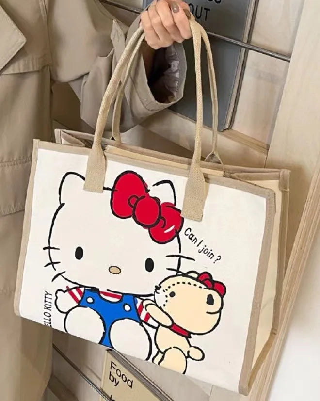 Hello Kitty Canvas Bag Sanrio Tote Bag Shoulder Storage Makeup Pouch Anime Handbag Travel Shopping Bag Kid Schoolbag Girl Gift