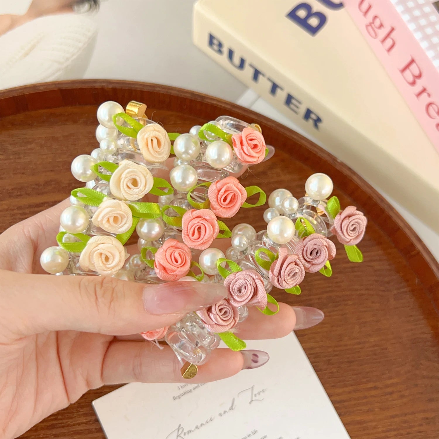 Rose Bead Telephone Line Headband Charming Tied Ponytail Braid Hair Rope Headband High Elasticity Rubber Band Pearl Headwears