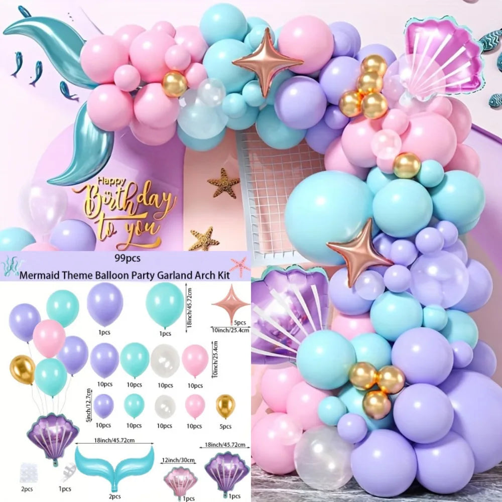 99PCS Mermaid Themed Balloon Garland Arch Set Suitable for Birthday Parties and Celebration Decorations, Indoor and Outdoor Use